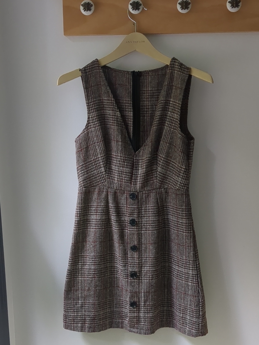 Plaid Brown Button-Front V-Neck Sleeveless Dress Pinafore Small 2